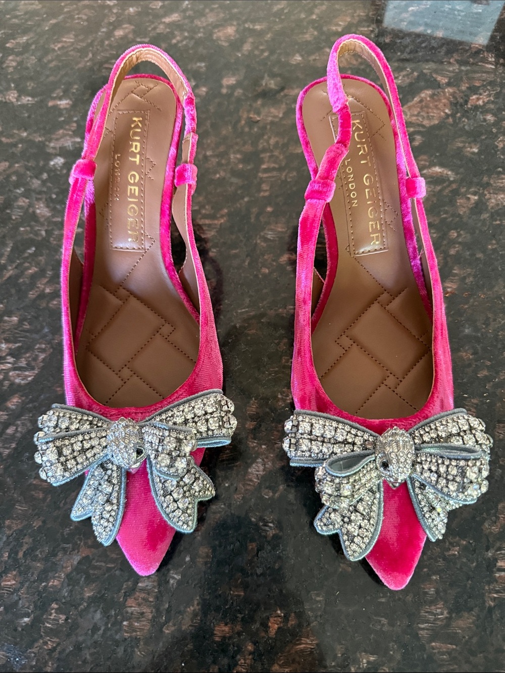 Kurt Geiger Fuchsia Velvet Slingback Flats with Crystal Bow - Picture 2 of 8